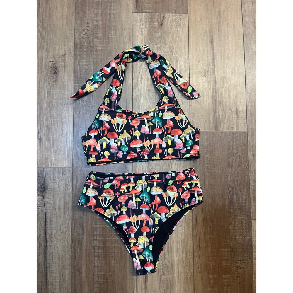 Mushroom Print High Waisted Bikini Set Black Halter Top Two Piece Swimsuit M - Picture 2 of 7